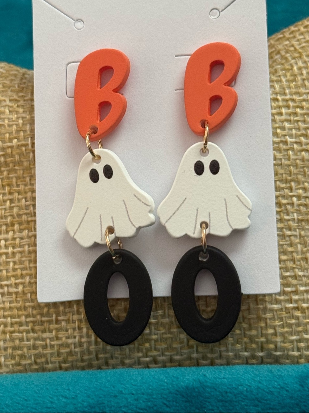 Halloween Ghost Drop Earrings - Orange, White & Black